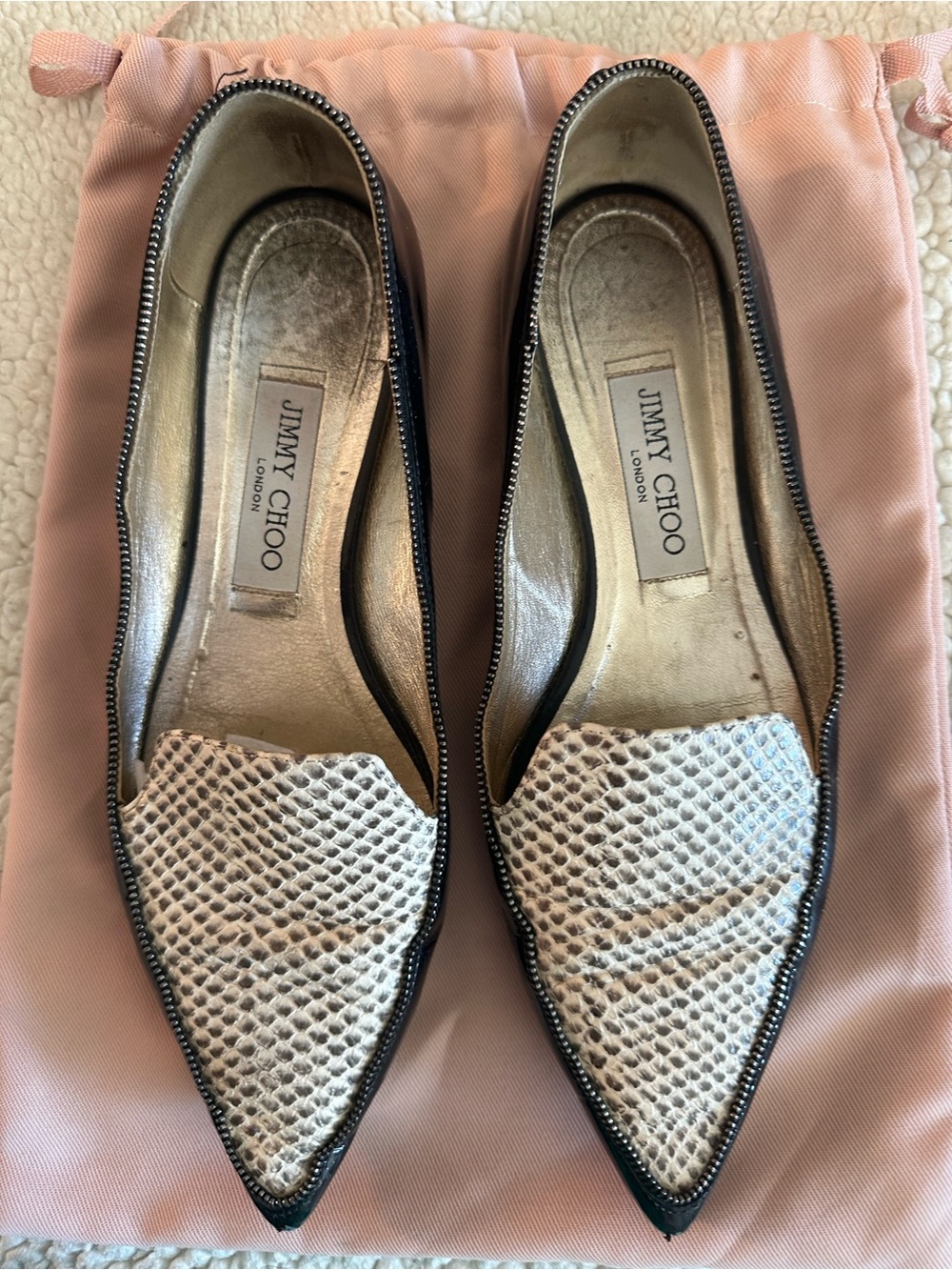 Jimmy Choo Two-Tone Pointed Snake-Texture Flats in Cream and Black